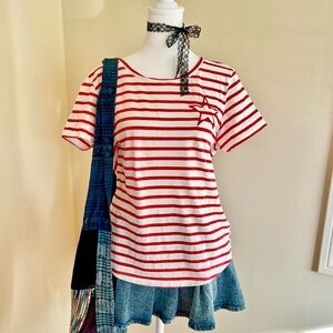 Striped Star Embroidered Patch Red White T-Shirt Cotton Tee Preppy Sporty Y2K L